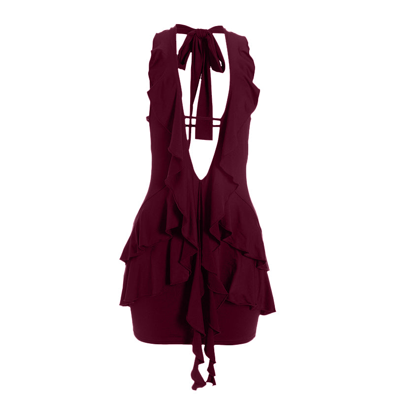 The Sassy LBD: Halter Ruffle Deep V Mini Dress for Fall Nights & Holiday Parties