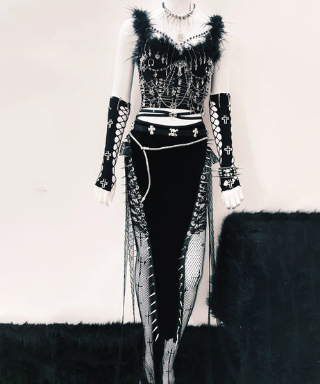 Edgy Gothic Feather & Spike Bustier Top - Halloween, Rave & Festival Statement for Women