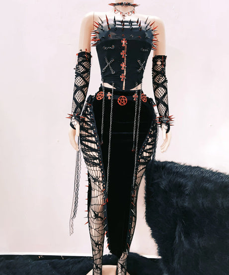 Crimson & Black Spiked Gothic Tube Top - Fierce Halloween, Rave & Clubwear