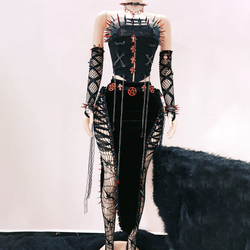 Crimson & Black Spiked Gothic Tube Top - Fierce Halloween, Rave & Clubwear