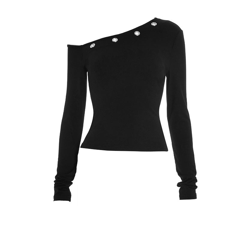 Grommet Glam: Edgy Black One-Shoulder Long Sleeve Top for Fall & Holiday Style