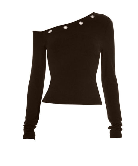 Grommet Glam: Edgy Black One-Shoulder Long Sleeve Top for Fall & Holiday Style