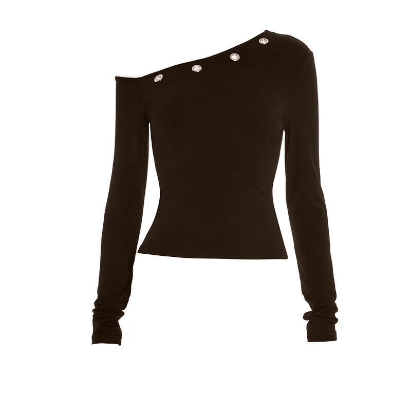Grommet Glam: Edgy Black One-Shoulder Long Sleeve Top for Fall & Holiday Style