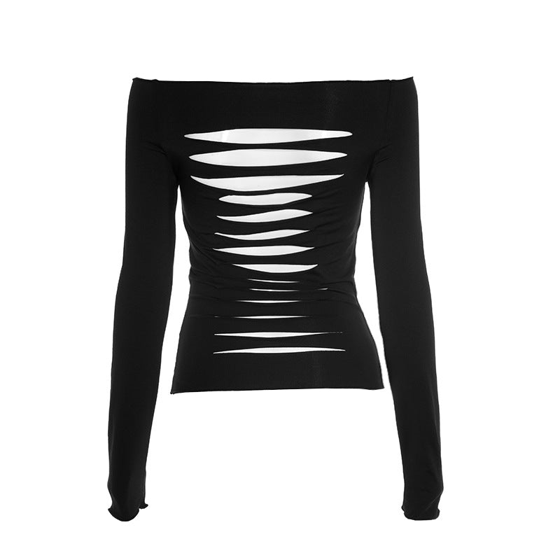 Edgy Chic Off-Shoulder Ripped Back Long Sleeve Top - Fall & Halloween Ready
