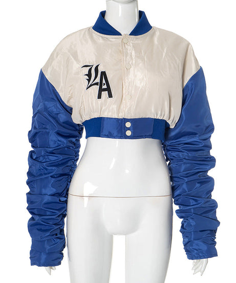LA Street Style Cropped Bomber Jacket - Ruched Sleeve Fall Statement Piece