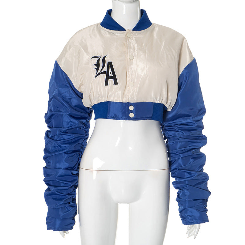 LA Street Style Cropped Bomber Jacket - Ruched Sleeve Fall Statement Piece