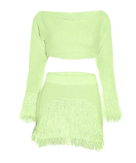 Boho Fringe Knit Crop Top & Mini Skirt Set | Effortless Fall Two-Piece