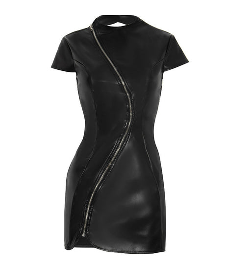 Edgy Elegance: Faux Leather Asymmetric Zip Mini Dress | Fall Night Out Style
