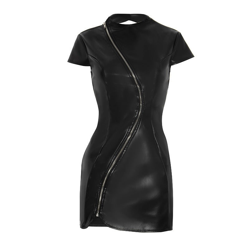 Edgy Elegance: Faux Leather Asymmetric Zip Mini Dress | Fall Night Out Style