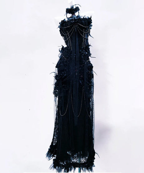 Gothic Glamour Feather & Chain Embellished Maxi Gown - Dark Romance for Halloween & Fall Galas