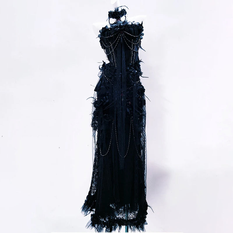 Gothic Glamour Feather & Chain Embellished Maxi Gown - Dark Romance for Halloween & Fall Galas