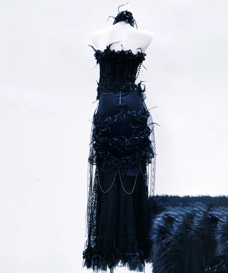 Gothic Glamour Feather & Chain Embellished Maxi Gown - Dark Romance for Halloween & Fall Galas