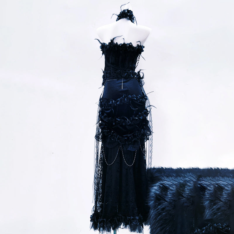 Gothic Glamour Feather & Chain Embellished Maxi Gown - Dark Romance for Halloween & Fall Galas