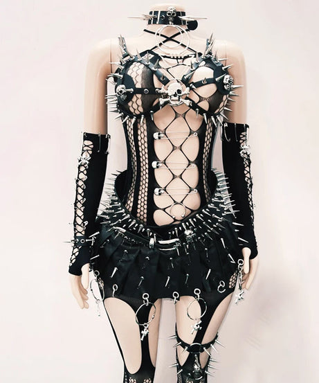 Spiked Skull Harness Bra Top - Unleash Your Inner Rebel for Halloween, Rave & Gothic Nights