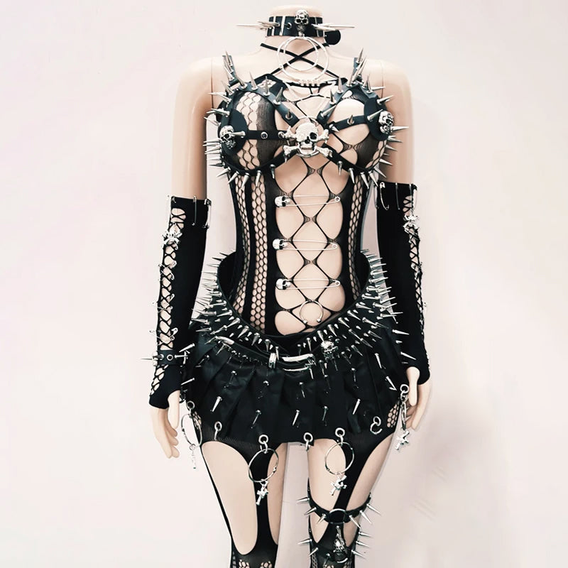 Spiked Skull Harness Bra Top - Unleash Your Inner Rebel for Halloween, Rave & Gothic Nights