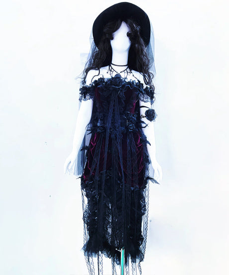 Enchanting Midnight Bloom Gothic Velvet & Lace Off-Shoulder Dress – Perfect for Halloween & Fall Elegance