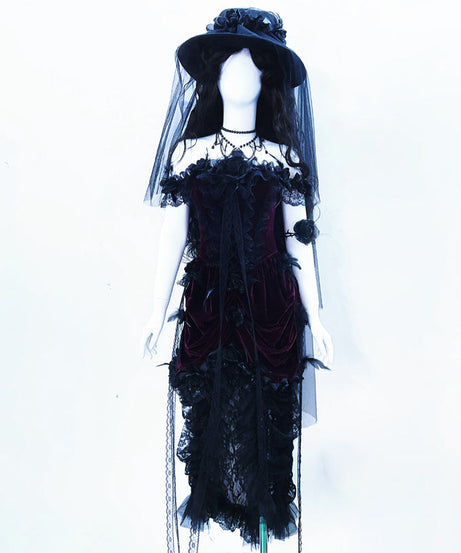 Enchanting Midnight Bloom Gothic Velvet & Lace Off-Shoulder Dress – Perfect for Halloween & Fall Elegance