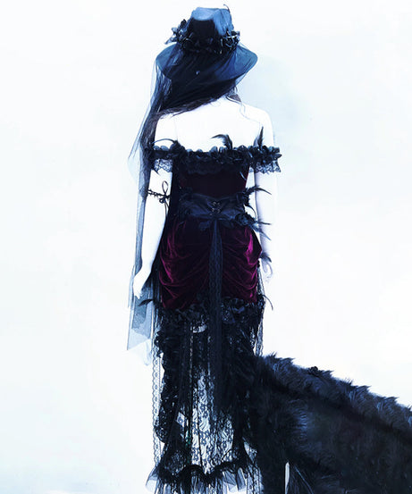 Enchanting Midnight Bloom Gothic Velvet & Lace Off-Shoulder Dress – Perfect for Halloween & Fall Elegance