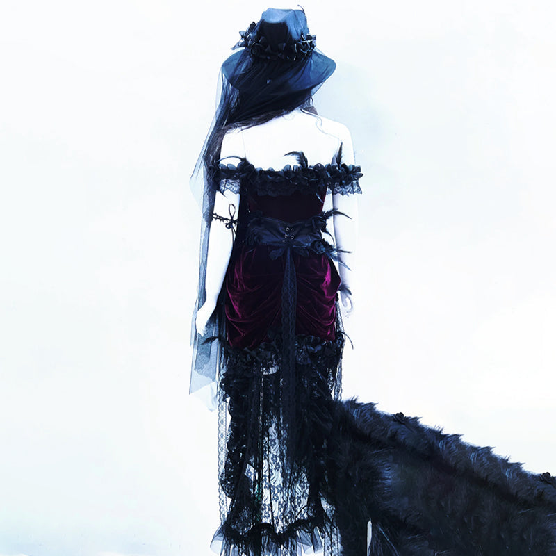 Enchanting Midnight Bloom Gothic Velvet & Lace Off-Shoulder Dress – Perfect for Halloween & Fall Elegance