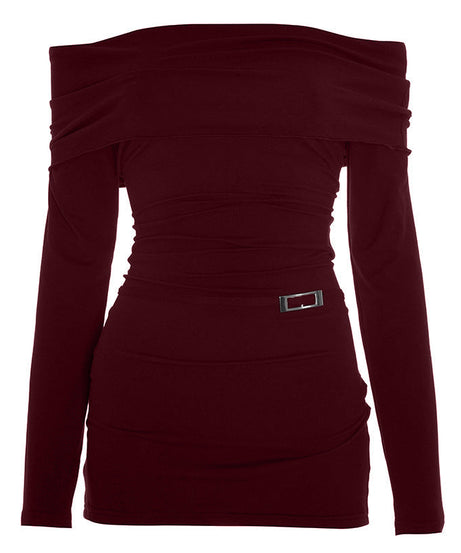 Sultry Black Off-Shoulder Ruched Mini Dress with Modern Buckle – Your Go-To for Fall Nights & Holiday Events