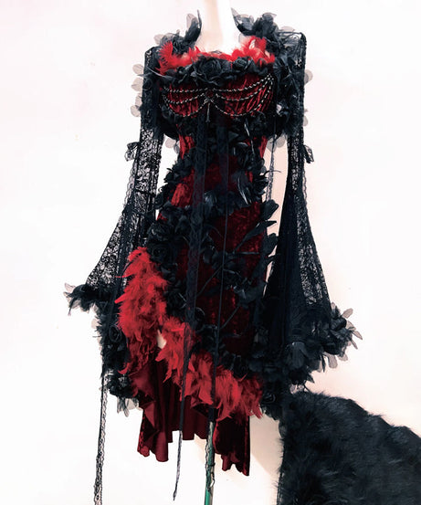 Vampire Queen Velvet Lace Feather Gown - Deluxe Halloween & Masquerade Ball Dress