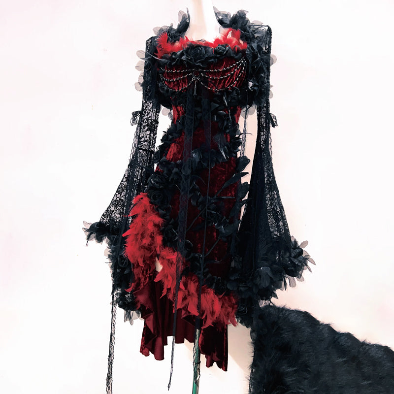 Vampire Queen Velvet Lace Feather Gown - Deluxe Halloween & Masquerade Ball Dress