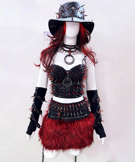 Unleash Your Inner Rebel: Fierce Red & Black Spiked Goth Rave Bustier for Halloween & Festivals