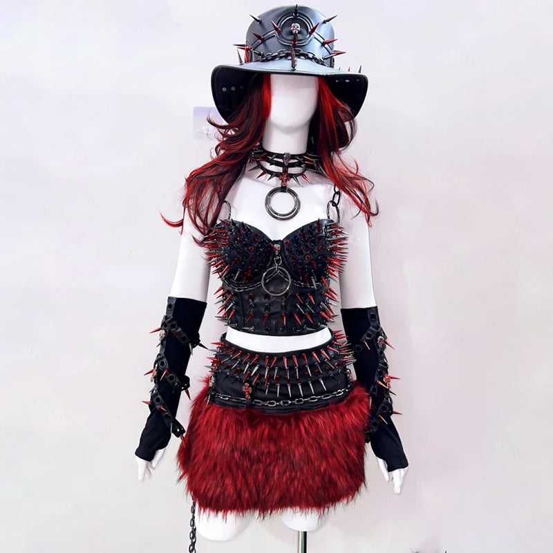 Unleash Your Inner Rebel: Fierce Red & Black Spiked Goth Rave Bustier for Halloween & Festivals