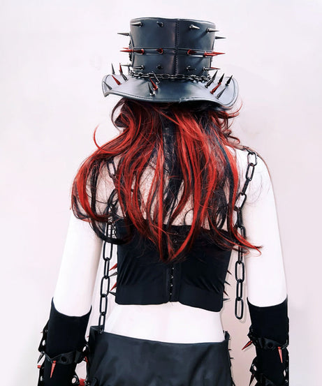 Unleash Your Inner Rebel: Fierce Red & Black Spiked Goth Rave Bustier for Halloween & Festivals