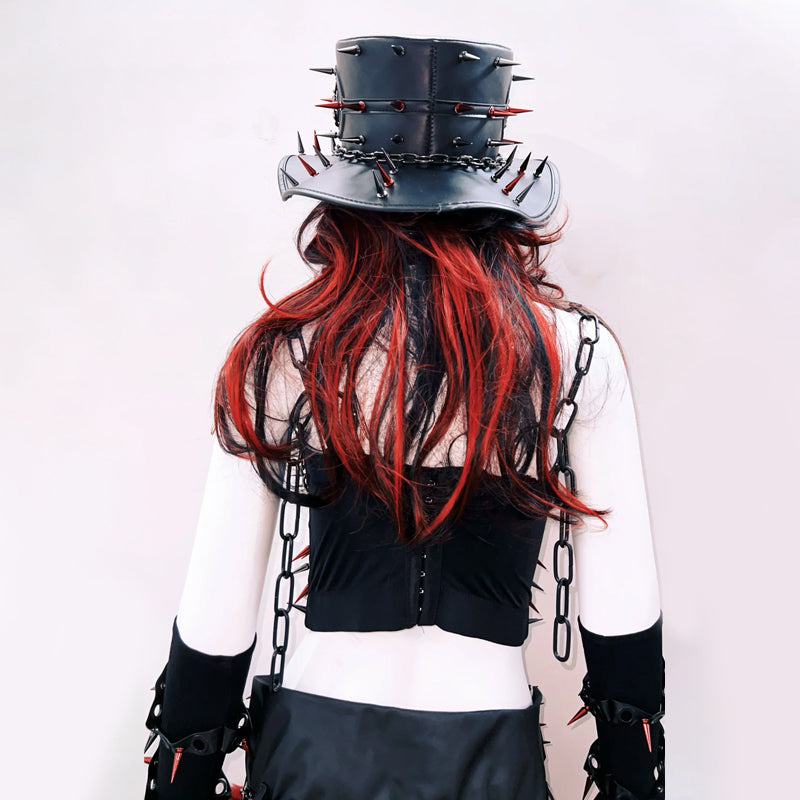 Unleash Your Inner Rebel: Fierce Red & Black Spiked Goth Rave Bustier for Halloween & Festivals