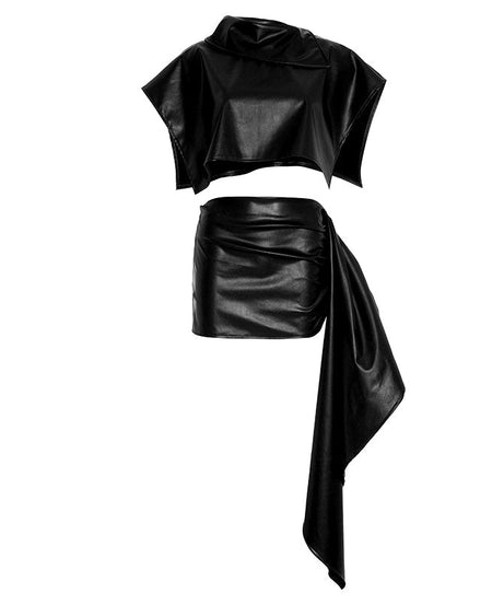 Fall Luxe Faux Leather Asymmetric Drape Mini Skirt & Crop Top Set - The Ultimate Chic 2-Piece Outfit