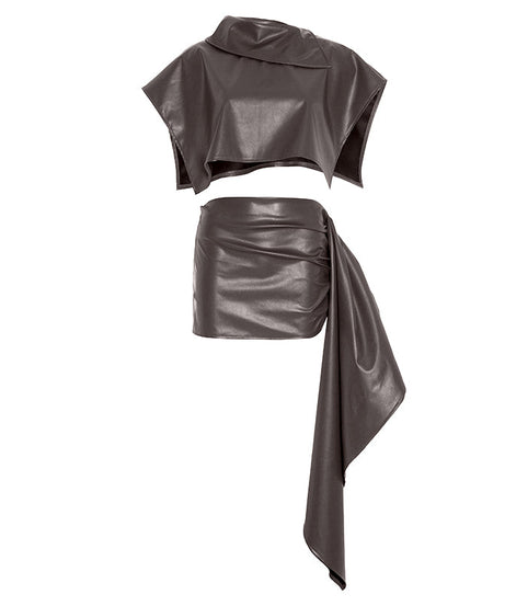Fall Luxe Faux Leather Asymmetric Drape Mini Skirt & Crop Top Set - The Ultimate Chic 2-Piece Outfit