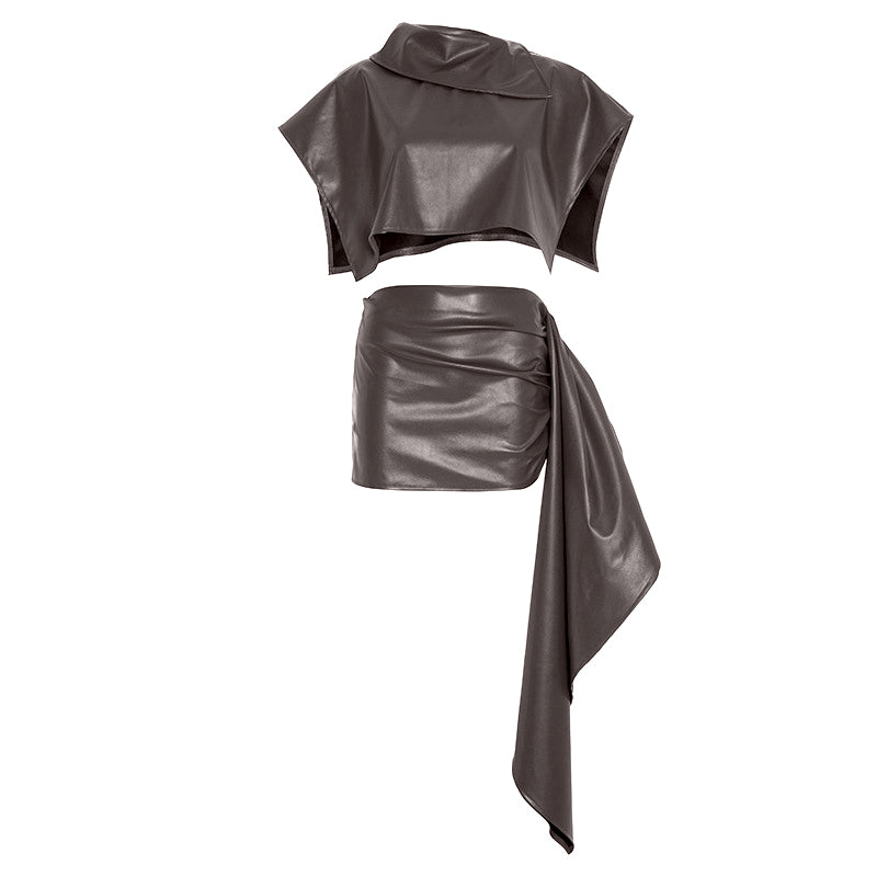 Fall Luxe Faux Leather Asymmetric Drape Mini Skirt & Crop Top Set - The Ultimate Chic 2-Piece Outfit