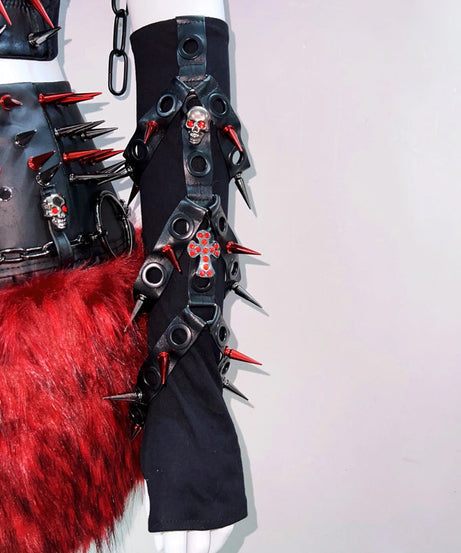 Unleash Your Inner Rebel: Fierce Red & Black Spiked Goth Rave Bustier for Halloween & Festivals