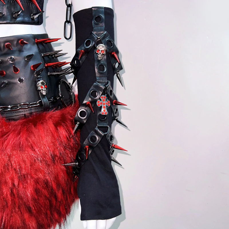 Unleash Your Inner Rebel: Fierce Red & Black Spiked Goth Rave Bustier for Halloween & Festivals