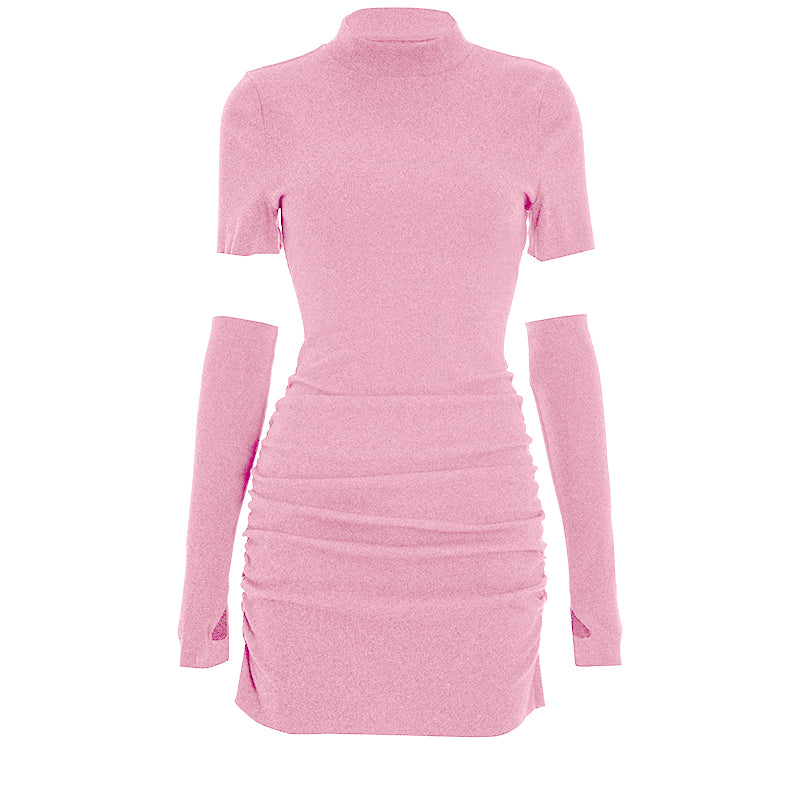 Sleek Mock Neck Ruched Mini Dress with Detached Arm Sleeves - Chic Fall Party & Date Night Essential