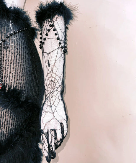 Bewitching Black Faux Fur & Spider Web Maxi Dress - Halloween & Holiday Party Statement