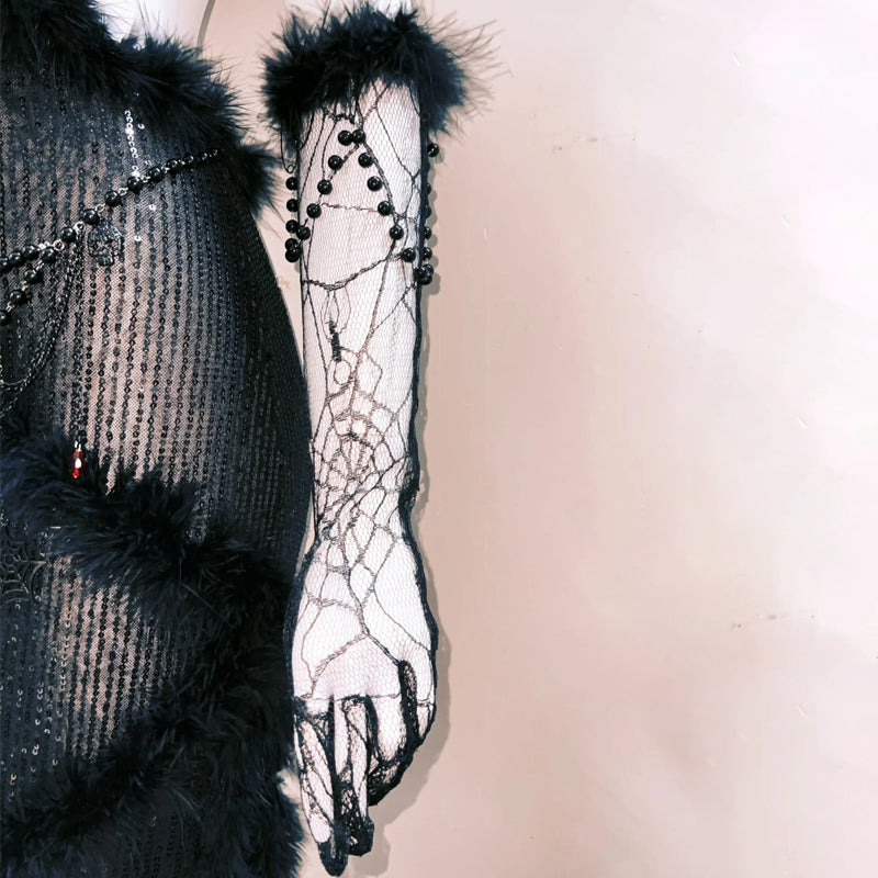 Bewitching Black Faux Fur & Spider Web Maxi Dress - Halloween & Holiday Party Statement