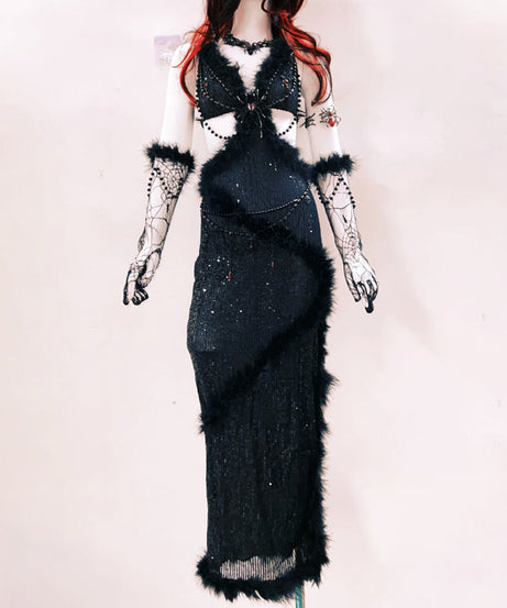 Bewitching Black Faux Fur & Spider Web Maxi Dress - Halloween & Holiday Party Statement