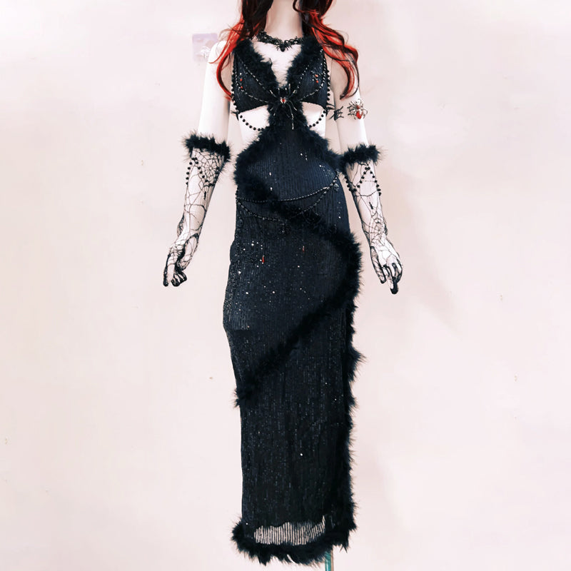 Bewitching Black Faux Fur & Spider Web Maxi Dress - Halloween & Holiday Party Statement