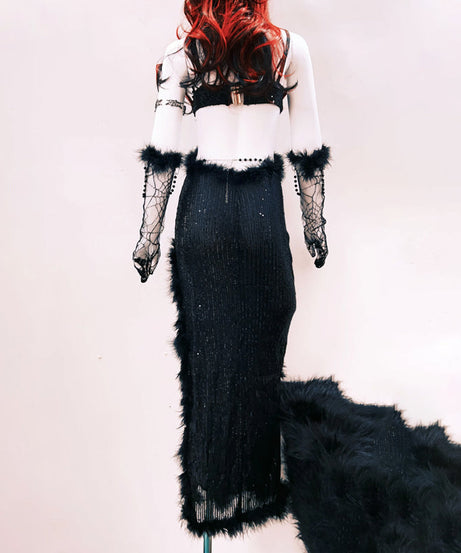 Bewitching Black Faux Fur & Spider Web Maxi Dress - Halloween & Holiday Party Statement