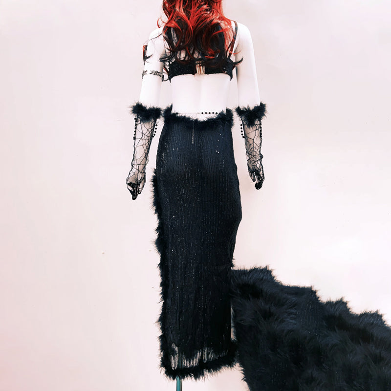 Bewitching Black Faux Fur & Spider Web Maxi Dress - Halloween & Holiday Party Statement