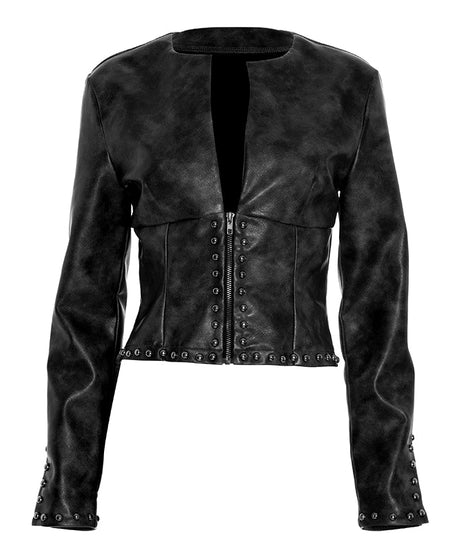 Women's Edgy Studded Faux Leather Cropped Moto Jacket - Fall Statement Piece