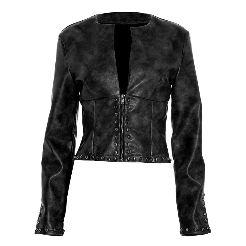 Women's Edgy Studded Faux Leather Cropped Moto Jacket - Fall Statement Piece