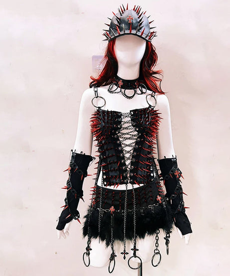 Fierce Red Spiked & Chained Gothic Corset Top - Halloween & Festival Statement
