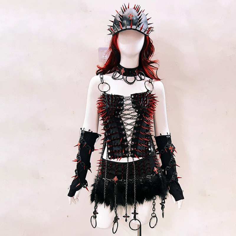 Fierce Red Spiked & Chained Gothic Corset Top - Halloween & Festival Statement