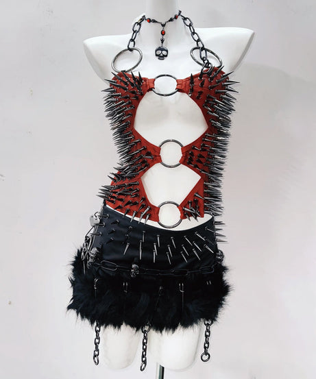 Crimson Spiked O-Ring Harness Top - Edgy Halloween & Fall Party Statement