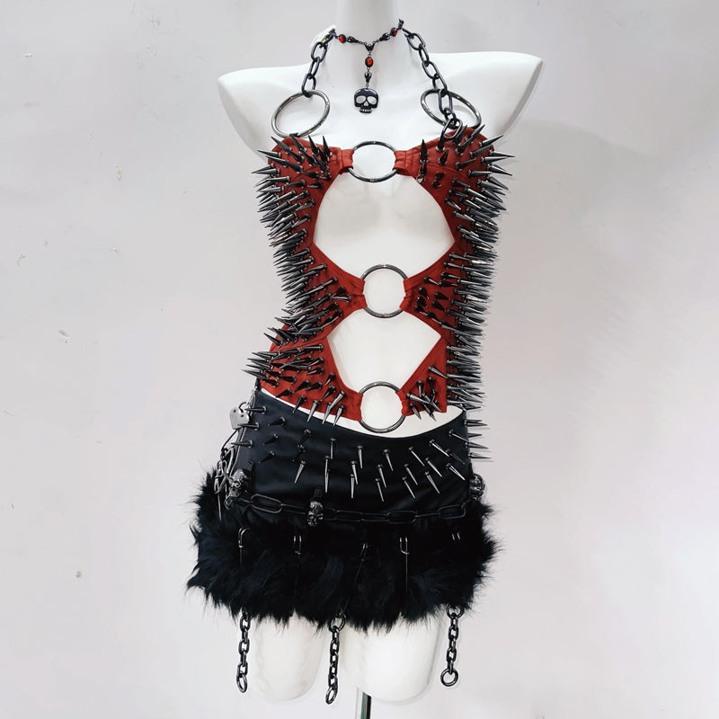 Crimson Spiked O-Ring Harness Top - Edgy Halloween & Fall Party Statement