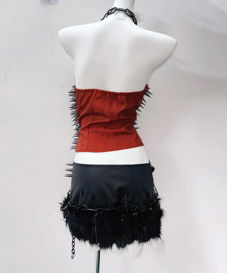 Crimson Spiked O-Ring Harness Top - Edgy Halloween & Fall Party Statement