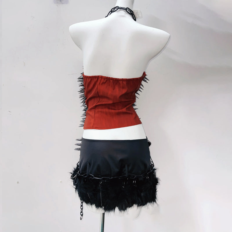 Crimson Spiked O-Ring Harness Top - Edgy Halloween & Fall Party Statement
